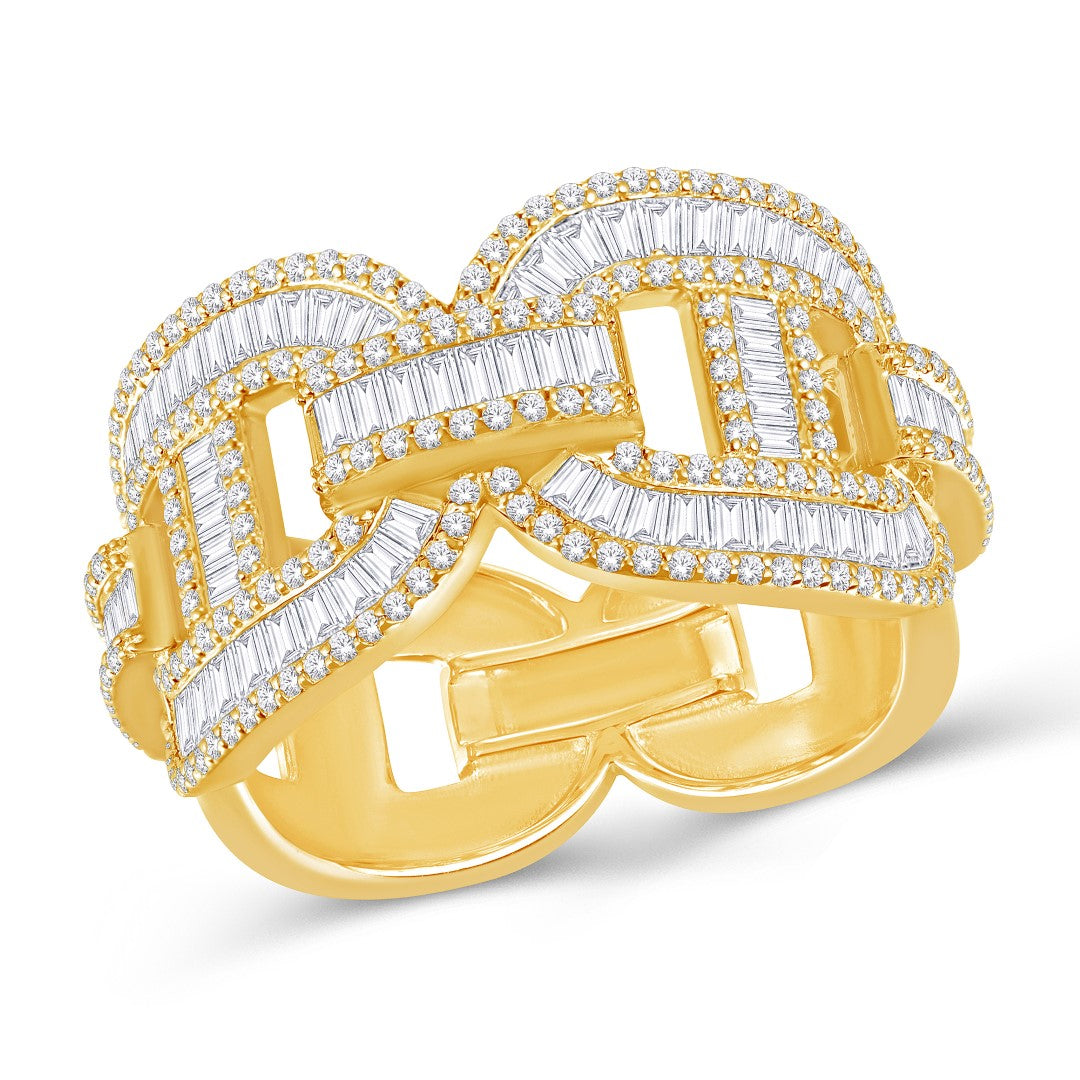 10 Karat All Yellow Gold 2.23 Carat Diamonds Round and Baguette Diamond Cuban Link Men's Ring-0325759-ALY