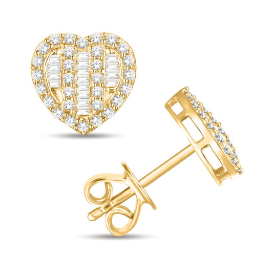 10 Karat All Yellow Gold 0.49 Carat Diamonds Round and Baguette Diamond Heart Earrings-0128048-ALY