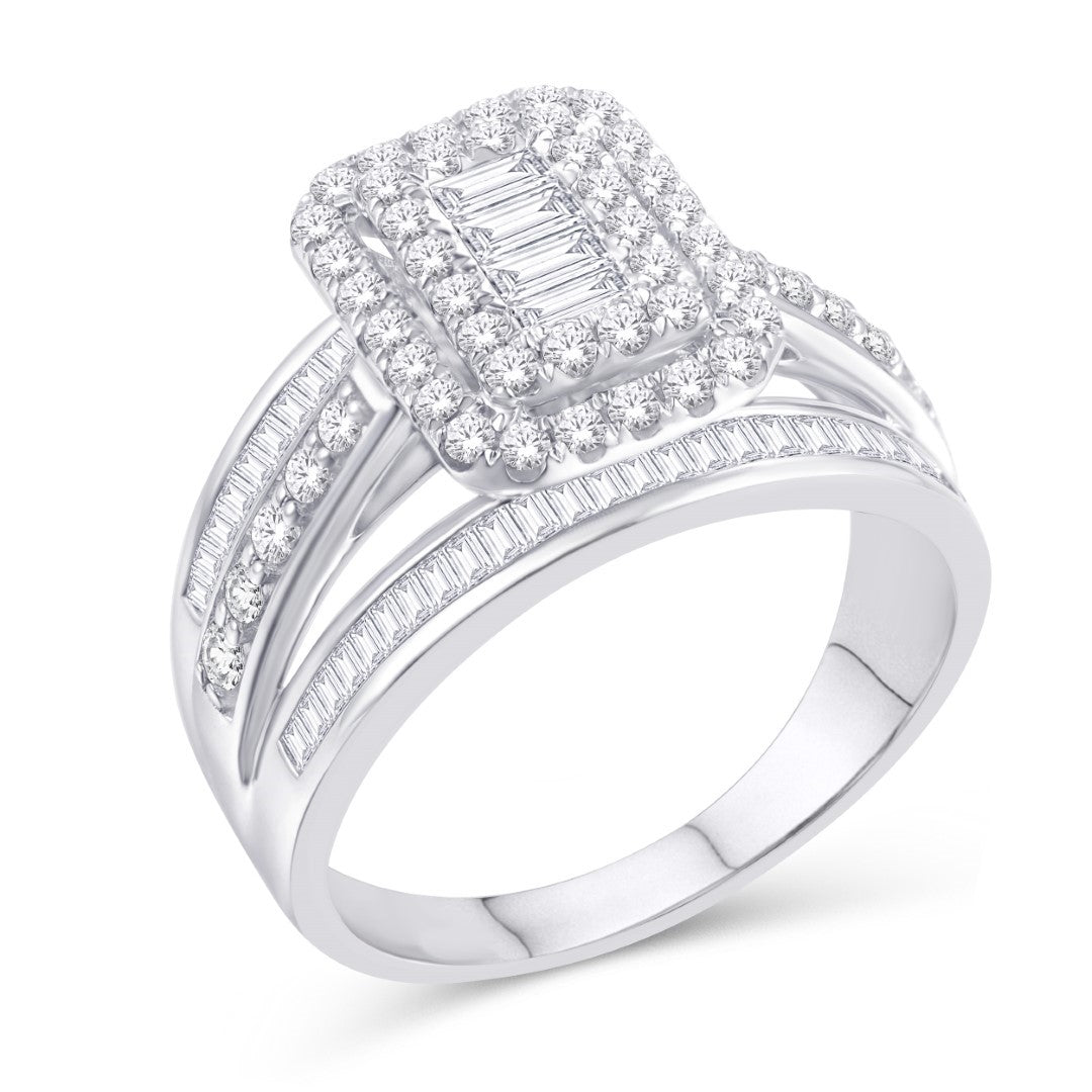 10 Karat White Gold 1.45 Carat Diamonds Round and Baguette Diamond Cushion Ladies Ring-0226946-WG