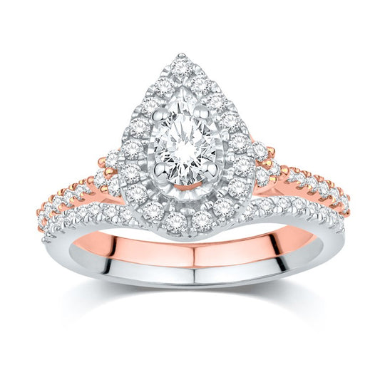 14 Karat Two-Tone (White and Rose) Gold 0.75 Carat Diamonds (0.25 CTR) Certified Pear Bridal Ring-0532467-WR