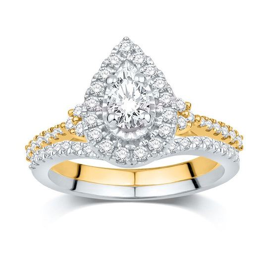 14 Karat Two-Tone (White and Yellow) Gold 0.75 Carat Diamonds (0.25 CTR) Certified Pear Bridal Ring-0532467-WY