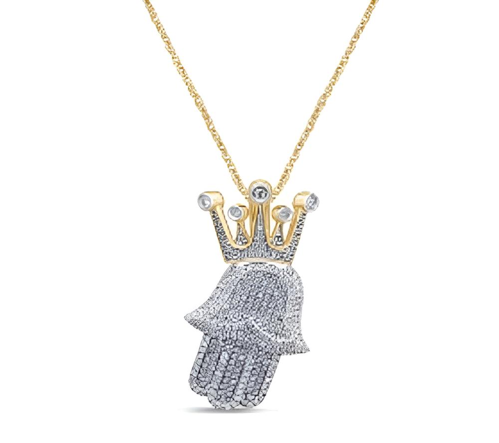 10 Karat Yellow Gold 0.75 Carat Diamonds Hamsa Hand with Crown HipHop Pendant-1029633-YG
