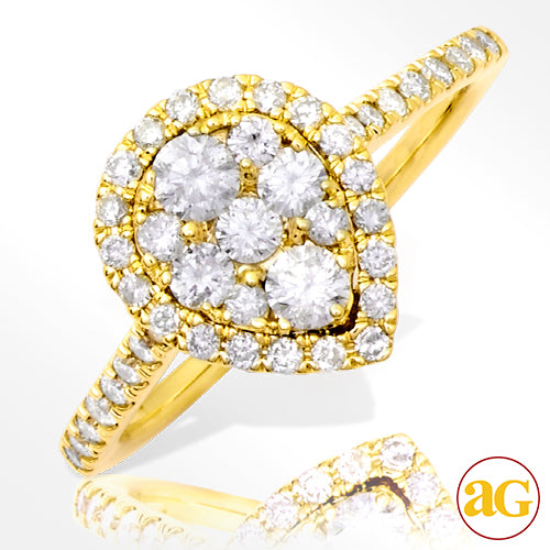 14KY 0.90CTW DIAMOND PEAR CLUSTER RING WITH HALO